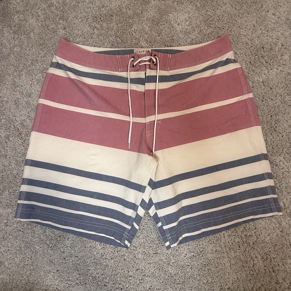 J. Crew Flex Swimwear Blue & Pink Striped Mesh Lined Trunks Mens Size 35 #H5145